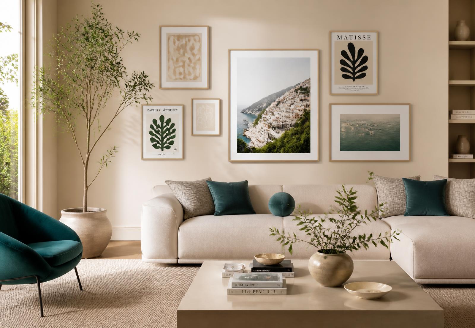 Sala de estar moderna decorada com quadros personalizados da THE QUADROS